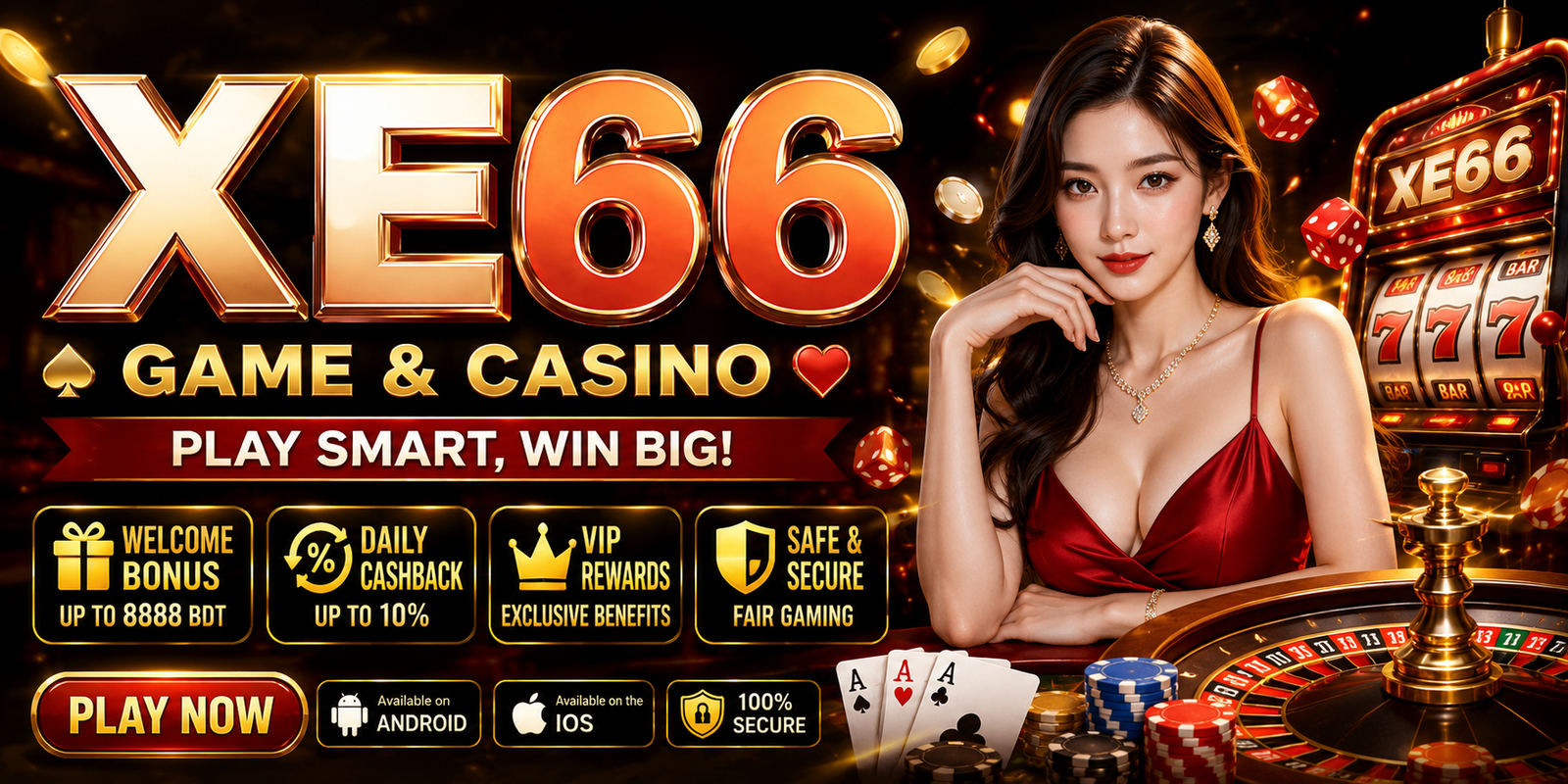 XE66 Game Bangladesh promotional banner featuring live casino, online slots, sports betting, roulette, poker chips, welcome bonus, secure gaming, and mobile-friendly casino platform.